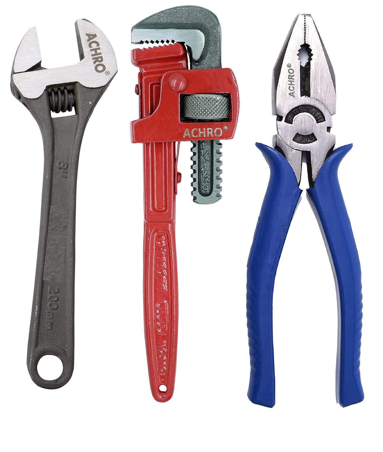 ARCALY Combo Pack of 3 Tool Kits Set for Home (Contains 8 Inch Adjustable Spanner, 8 Inch Combination Plier, 10 Inch Pipe Wrench)