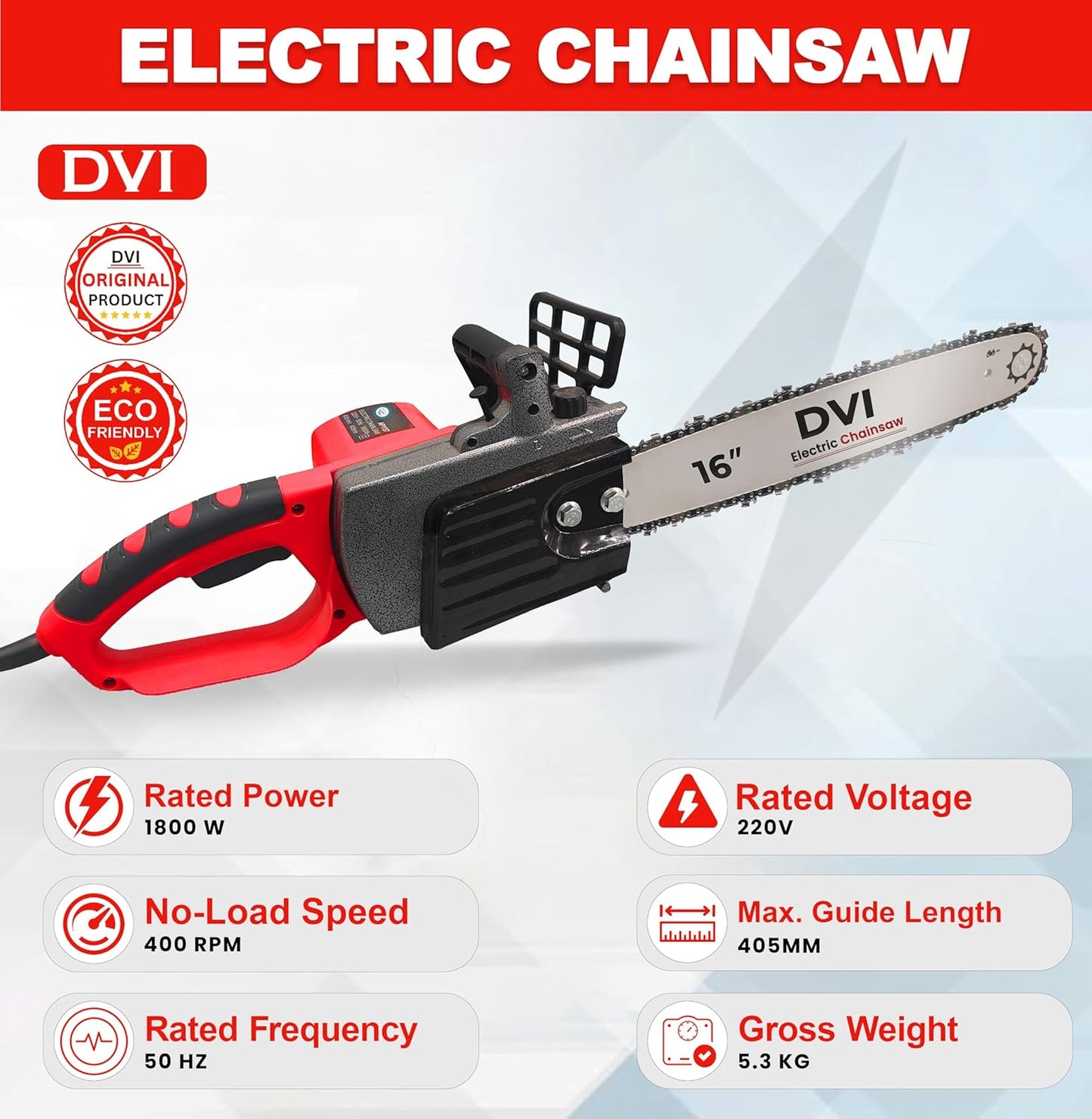 Draxon Electric Chain with 16-Inch Guide Bar, 1800W Low-Kickback | Ideal for Cutting Wood, Pruning & Firewood Harvesting