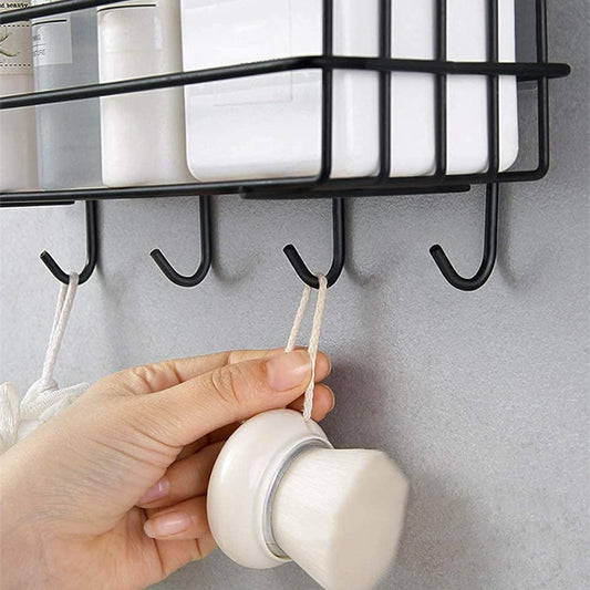 Bravixa Stainless Steel Bathroom Shelf for Wall – Self-Adhesive Organizer with 4 Hooks for Towels
