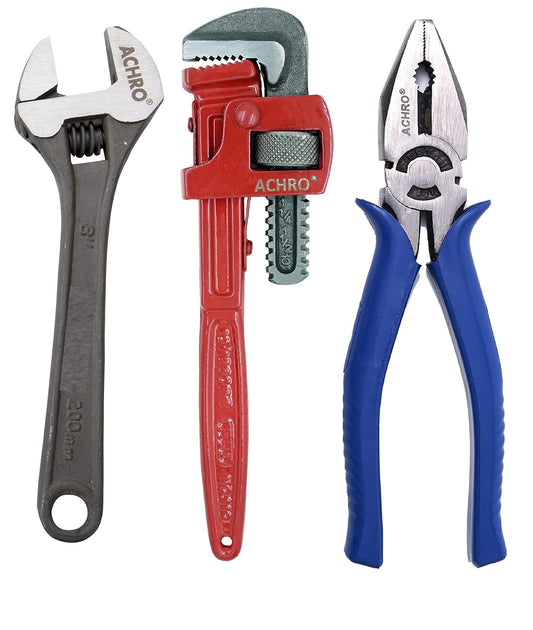 ARCALY Combo Pack of 3 Tool Kits Set for Home (Contains 8 Inch Adjustable Spanner, 8 Inch Combination Plier, 10 Inch Pipe Wrench)