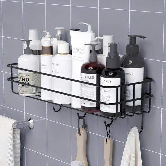 Bravixa Stainless Steel Bathroom Shelf for Wall – Self-Adhesive Organizer with 4 Hooks for Towels